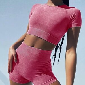 OLCHEE Womens Workout Sets 2 Piece - Seamless Acid Wash Yoga Outfits Shorts